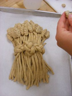 Make long “snakes” of dough, and snip feathery patterns into the end with kitchen sh ...
