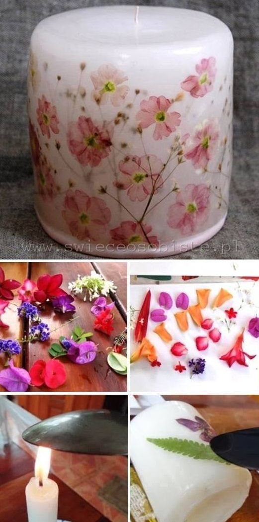 Easy To Make Decorated Candles….. just use a hot spoon too melt the wax a little and push  ...